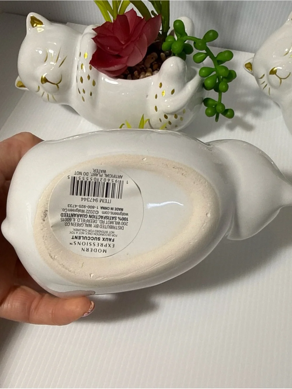 Modern Expressions White Ceramic Cat Planter w/ Faux Succulents